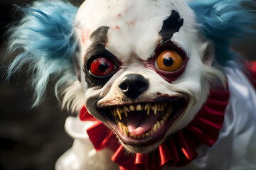 portrait of a scary psycho killer clown puppy