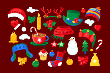 Cartoon Style Christmas items collection. Winter Xmas symbols. Festive New Year vector icons isolated on festive red background for decoration of holiday design