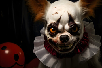 portrait of a scary psycho killer clown puppy