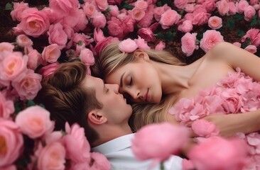 Obraz na płótnie Canvas Couple romantic in roses flowers field spring adult. Blossom flora hug art. Generate Ai
