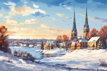 Church Steeples in Snow - Generative AI