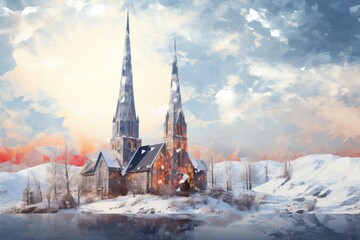 Church Steeples in Snow - Generative AI - obrazy, fototapety, plakaty
