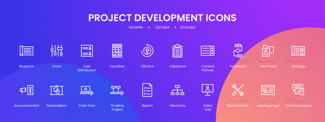 Project development icon collection with black outline style. project, development, business, management, web, technology, process. Vector Illustration