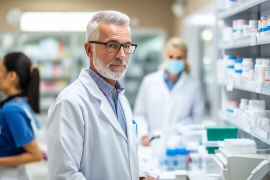 Mature Caucasian male pharmacist wearing glasses and protective mask consulting customers at the counter in pharmacy. Experienced confident professional in workplace. Healthcare and hygiene concept.