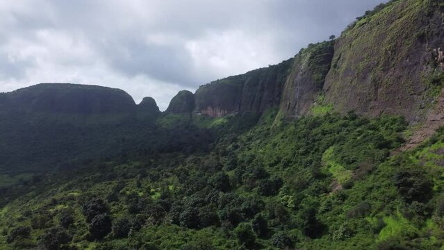 Aerial view of popular and historical tourist attraction Anjaneri Fort during monsoon in Trimbakeshwar, Nashik, Maharashtra, India