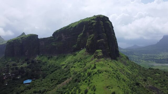 Aerial view of the scenic landscape of Sahyadri mountain range during monsoon, Trimbakeshwar, Nashik, Maharashtra, India