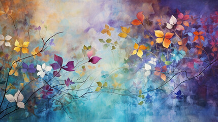 Grunge style beautiful, colorful, abstract art. Paper texture. Colorful painting. Watercolor background with flowers and plants