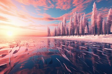 Frozen Lakeside Reflections - Generative AI - obrazy, fototapety, plakaty