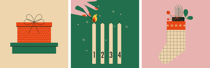 Set of Xmas elements and symbols. Four advent candles. Presents. Gift box. Christmas sock. Noel. Advent season vector illustration. Flat trendy abstract style. Greeting card, banner, poster.
