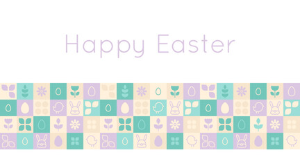 Easter geometric pattern with line icons. Bunny head, egg, simple chicken, flowers, leaves and plants in cages mosaic. Banner template. Minimal spring background. Vector holiday illustration.