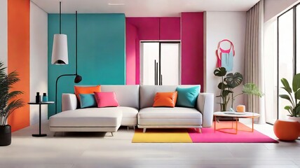 Colorful Modern Living Room with Diverse Furniture and Wall Colors