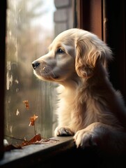 AI illustration of a dog sitting in an open window with colorful autumn decorations.