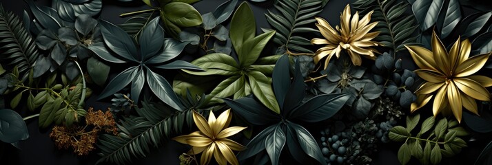 Tropical Leaves Gold Black Can , Banner Image For Website, Background Pattern Seamless, Desktop Wallpaper - obrazy, fototapety, plakaty