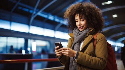 smart casual african traveller using smartphone checking timetable train schedule for her trip with application on mobile platform woman travel concept in airport