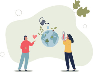 Fototapeta na wymiar People Characters trying to Save Planet Earth.Woman and Man Planting and Watering Trees, Measuring Planet Temperature.flat vector illustration.