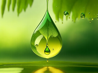 Golden liquid is dripping and natural green blurred background. Honey or caramel is flowing to the floor below. generative ai