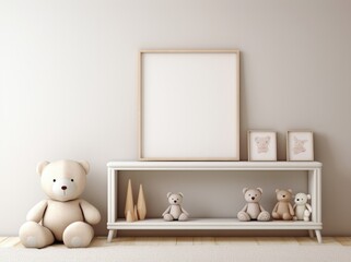 Stuffed animals and a blank frame mockup in a room with empty shelves, nursery room concept.
