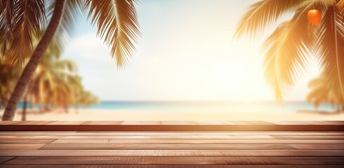 wood floor on blur of sea, ocean, beach, background - can used for display or montage your products.