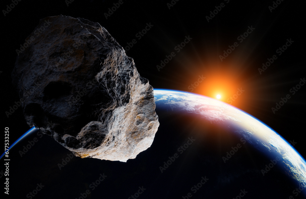 Wall mural blue earth and asteroids in the space. view of planet earth from space. elements of this image furni