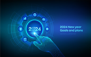 2024 New year Goals and plans. Business plan and strategies. Goal acheiveement and success in 2024. Resolutions, plan, action, checklist concept. Wireframe hand touching digital interface. Vector.
