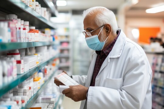 Mature Caucasian male pharmacist wearing glasses and protective mask choosing a medicine for customer in pharmacy. Experienced confident professional in workplace. Healthcare and hygiene concept.