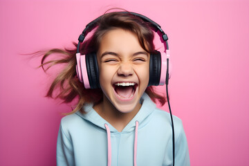 studio portrait of happy little gamer girl wearing headphones isolated on pink background