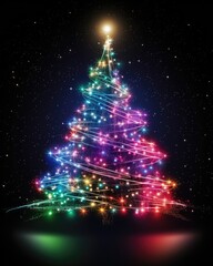 Colorful neon Christmas tree on dark background. Multicolored Christmas tree as symbol of Happy New Year, Merry Christmas holiday celebration. Neon light decoration. Bright shiny design Xmas tree