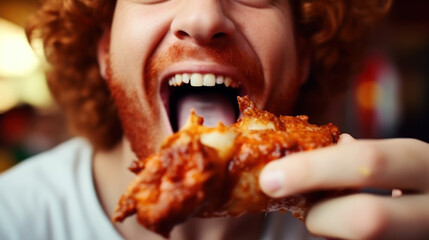 man eating a takeaway fried chicken wing from fast food cafe with a mouth and teeth close up
