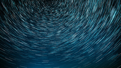 Amazing Stars Effects In Sky. Star Trails On Night Sky Background. Meteors Fly Across Sky. Night...