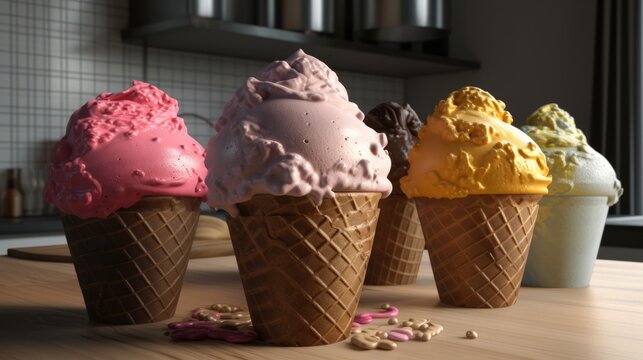 assorted multi-colored ice creams in a waffle cup stand on a wooden table in the kitchen