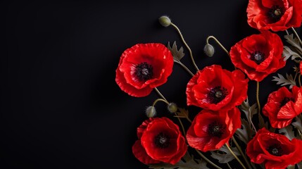 red poppies flowers on black background, copy space for text