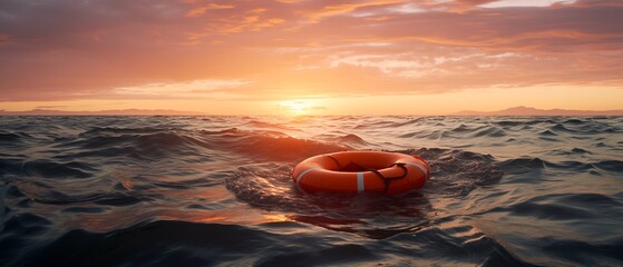 orange lifebuoy floating at sea sunset sunrise, wide horizontal banner - obrazy, fototapety, plakaty