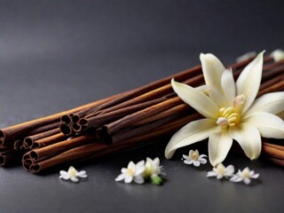 Aromatic vanilla sticks and flowers on grey background