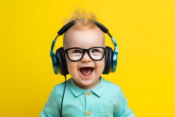 studio portrait of happy gamer baby wearing headphones isolated on yellow background