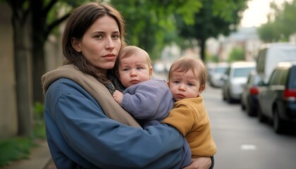 Fototapeta na wymiar Homeless mother holding baby in her hand