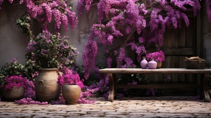 courtyard beauty outdoor purple garden illustration architecture plant, old stone, exterior house courtyard beauty outdoor purple garden