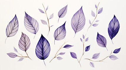 Fototapeta na wymiar Simple sketches of leaves in blue violet colors on white background
