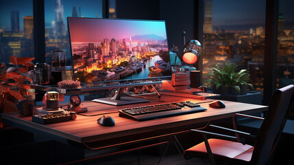 Empty gaming computer on a desk futuristic office concept - obrazy, fototapety, plakaty