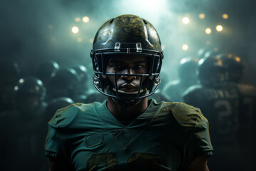 Close-up of professional American football player looking at camera. Determined, powerful, skilled African American athlete ready to win the game. Stadium with dramatic light in blurred background.