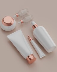 The plain white and rose gold packaging of a series of skincare products with a beige background in a flat lay position viewed from the side top for mockup. 3D rendering