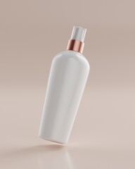 The plain white and rose gold packaging spray bottle of a skincare product with beige background in flying position viewed from front for mockup. 3D Rendering