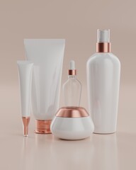 The plain white and rose gold packaging of a series of skincare products with beige background viewed from front for mockup, consisting of a pump bottle, spray, tube, and pot or jar. 3D Rendering