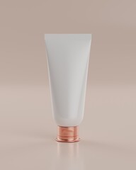 The plain white and rose gold packaging fliptop tube of a skincare product with beige background viewed from front for mockup. 3D Rendering