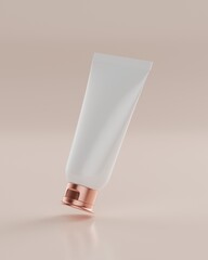 The plain white and rose gold packaging fliptop tube of a skincare product with beige background in flying position viewed from front for mockup. 3D Rendering