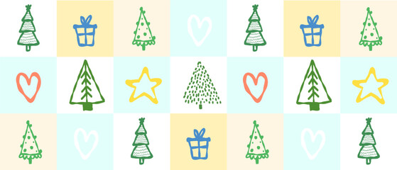 Christmas trees pattern. Trendy hand-drawn Christmas pattern for fabrics, wrapping paper, textiles and stationery.
