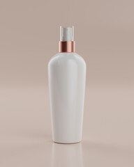 The plain white and rose gold packaging spray bottle of a skincare product with beige background viewed from front for mockup. 3D Rendering