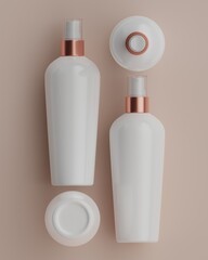 The row of plain white and rose gold packaging spray bottles of skincare products with beige background in flat lay position viewed from top for mockup. 3D Rendering