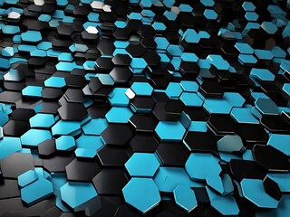 Abstract futuristic digital geometric technology hexagonal banner background illustration - Colorful black, blue, hexagonal 3D wall texture. Generative Ai