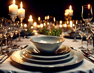 Elegant candlelight dinner table setting at reception