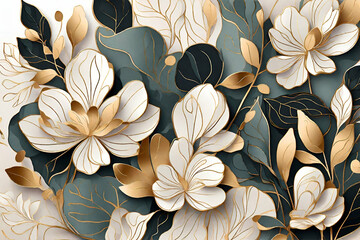 golden line art flower and botanical leaves
